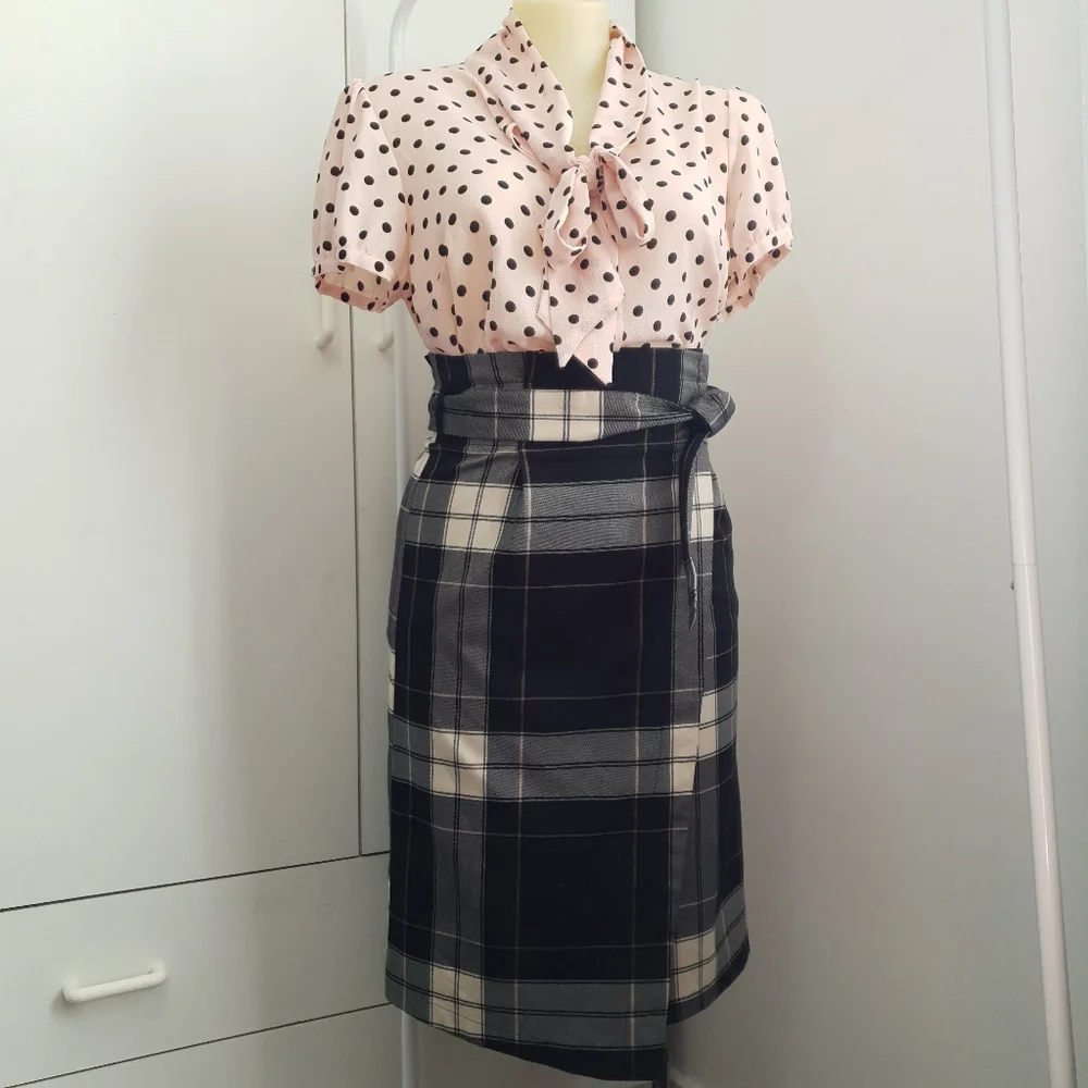 NWT AU 14 Dotti Black White Plaid Midi Belt Wrap Skirt - Picture 11 of 16